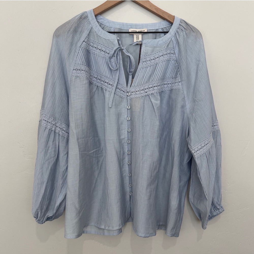 NWT Laura Ashley Blue Lace Trim Long Sleeve Blouse‎ Boho Peasant Cottagecore 1X